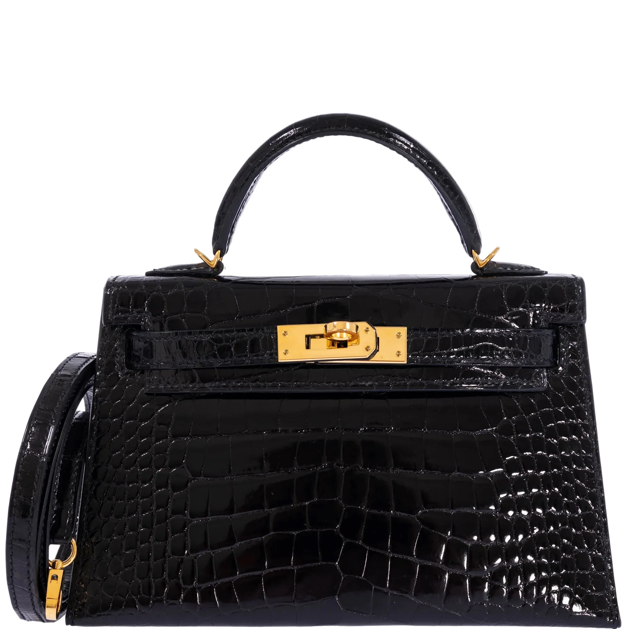 Hermès Mini Kelly II 20 Sellier Noir Shiny Alligator Gold Hardware