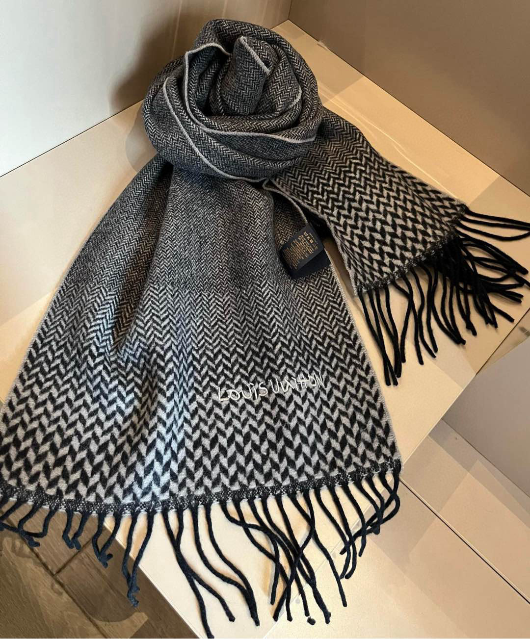 Louis Vuitton Herringbone Cashmere Scarf Black For Women 185cm