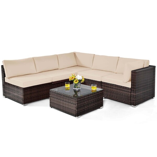 Costway 6PCS Patio Rattan Furniture Set Cushioned Sofa Coffee Table