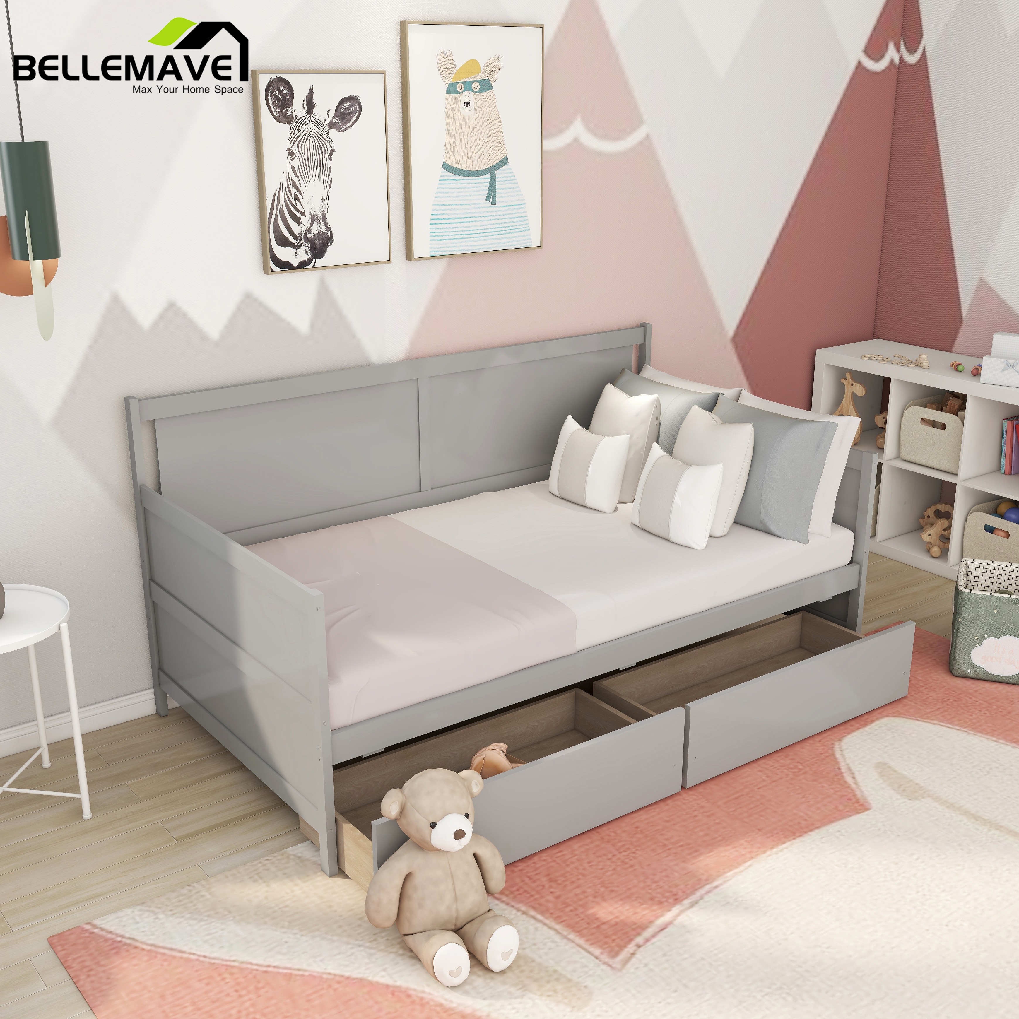 Bellemave Modern Twin Daybed with Storage Drawers Sturdy Wood Bed Frame Sofa Bed with Backrest and Armrest Storage Daybed Sofa Couch for Living Room or Bedroom, Gray