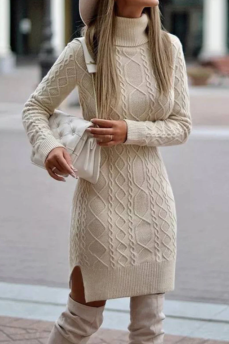 Turtleneck Knit Dress With Side SlitClistos