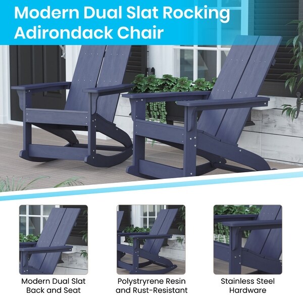 2 Modern Dual Slat Poly Resin Adirondack Rocking Chairs with Side Table