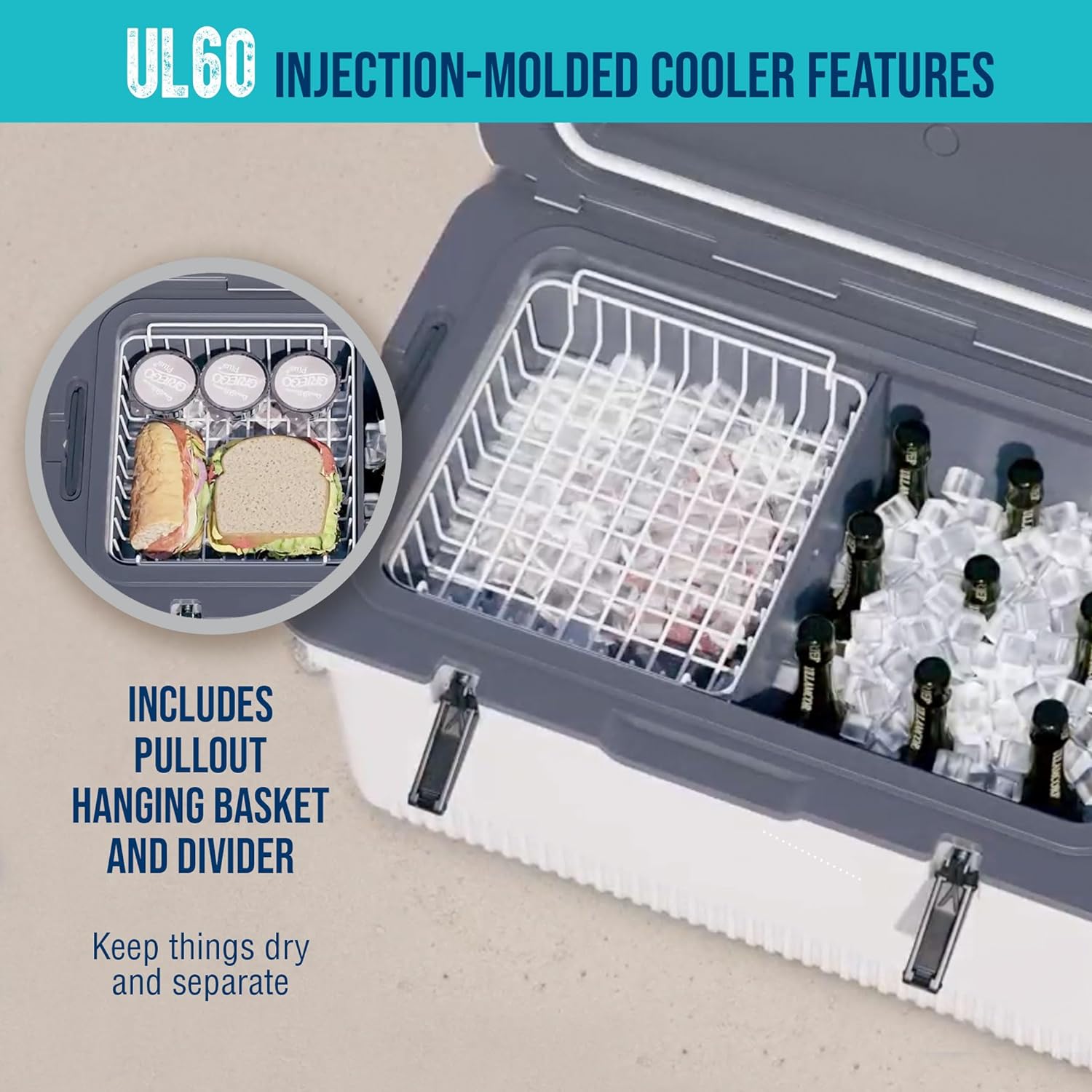60 QT Ultra-Light Injection Molded Cooler - Ice Chest Keeps Ice up to 7 Days - Large Cooler Includes Wire Basket, Divider and Built-in Bottle Opener