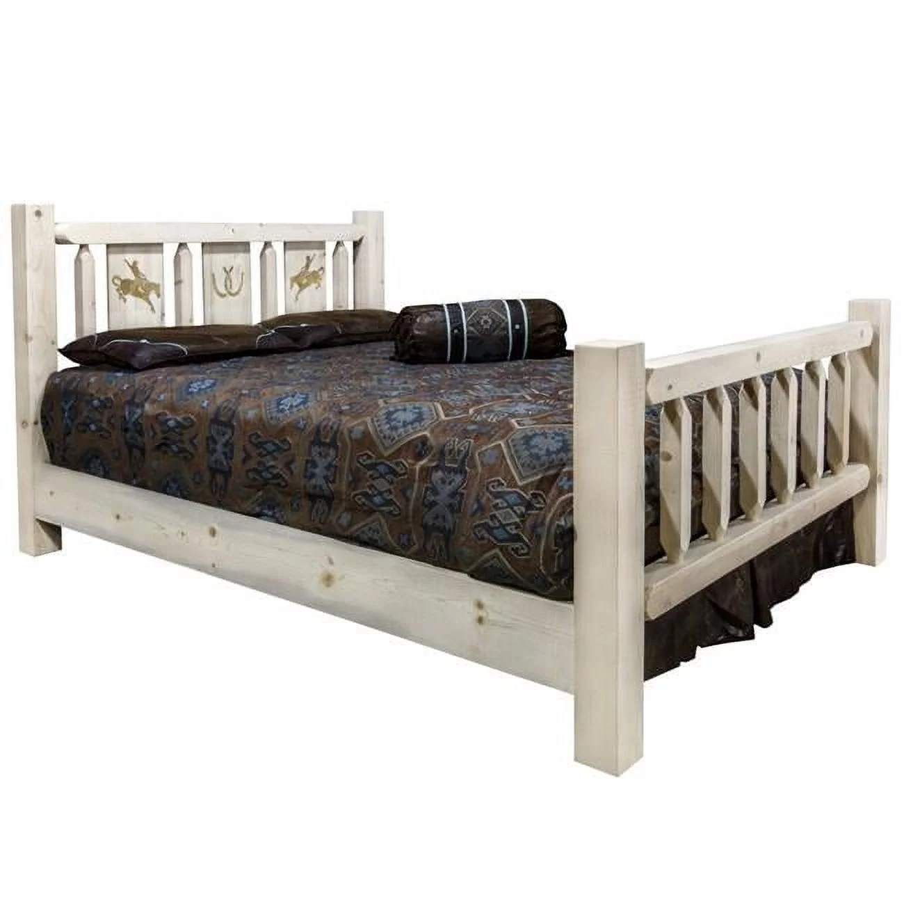 Homestead Collection Queen Bed w/ Laser Engraved Bronc Design, Clear Lacquer Finish