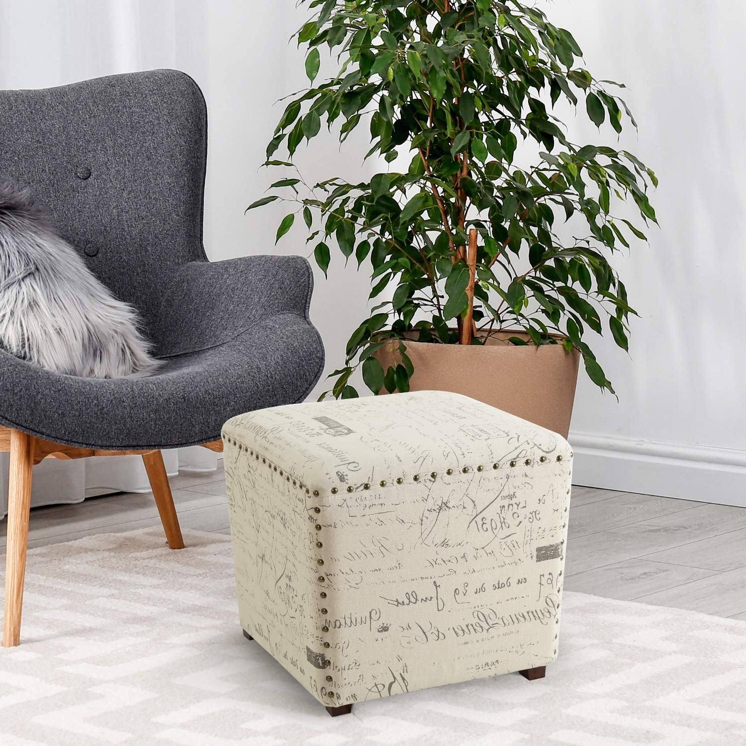 Adeco FT0271 Fabric Script Pattern Cube Square Storage Cubic Footstool with Solid Wood Legs, Nail Head Trim Ottomans u0026 Stora