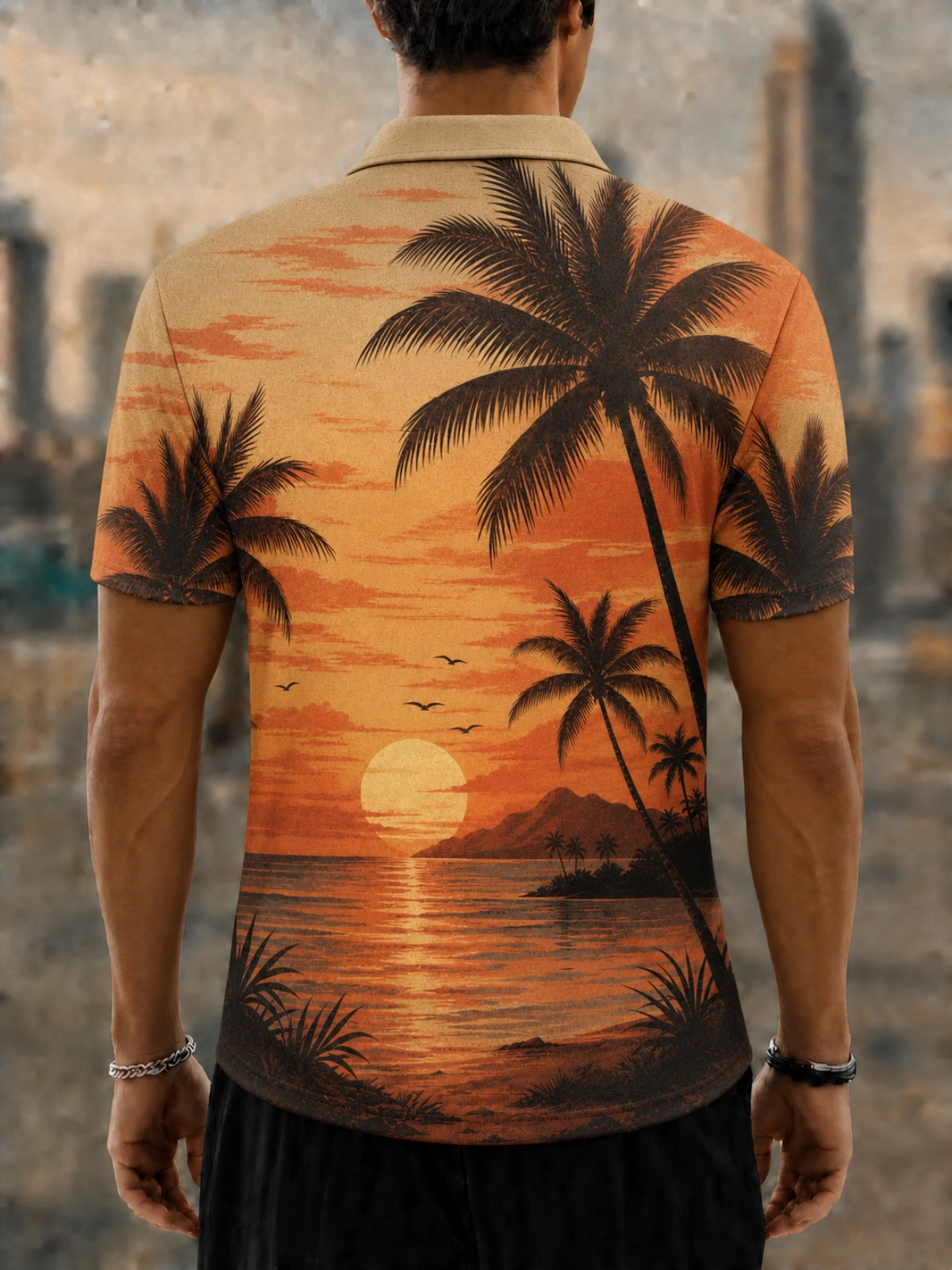 Moisture Wicking Golf Polo 3D Vintage Sunset Coconut Tree Beach Button Short Sleeve Golf Polo Shirt