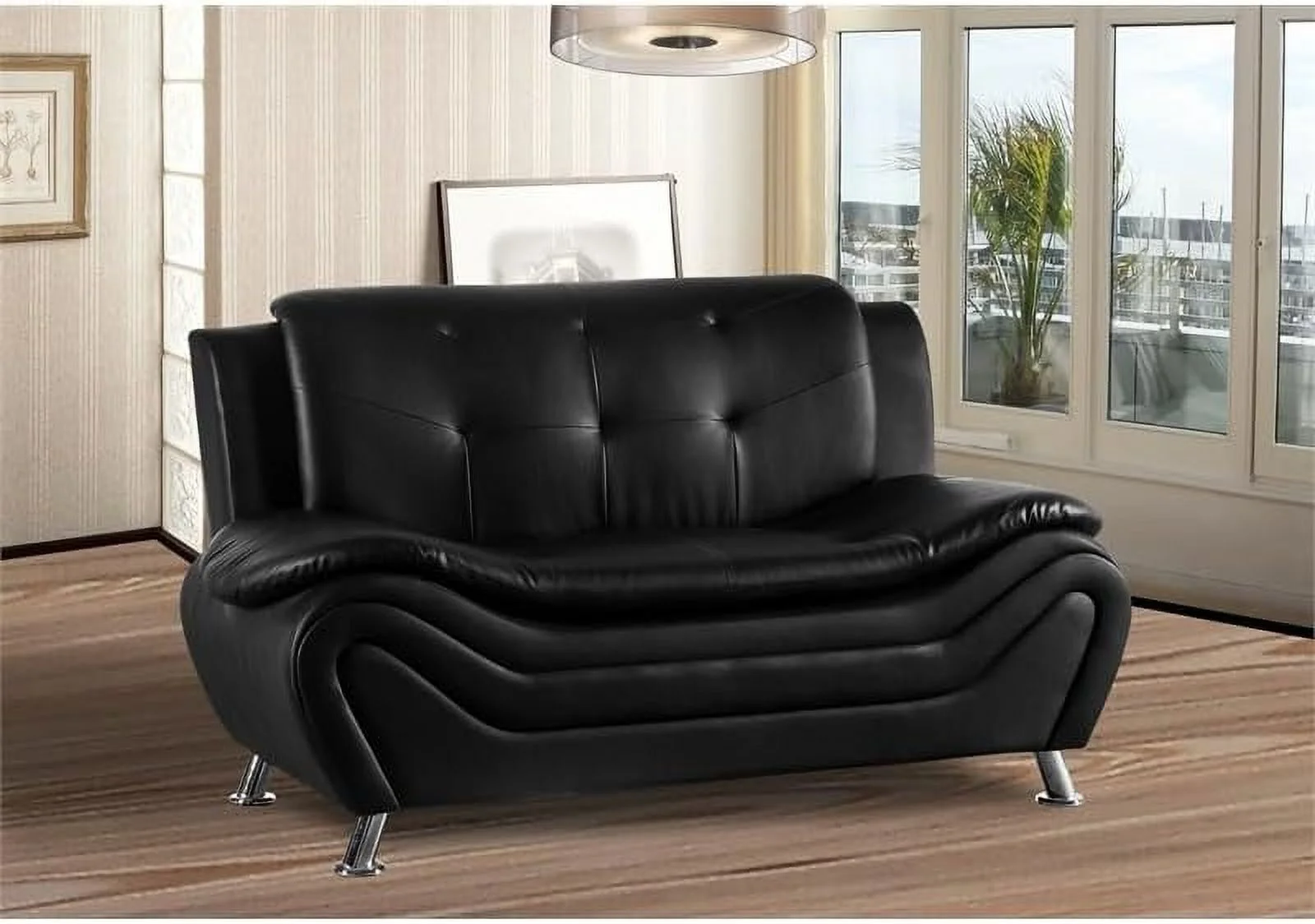 Faux Leather Living Room Loveseat In Black