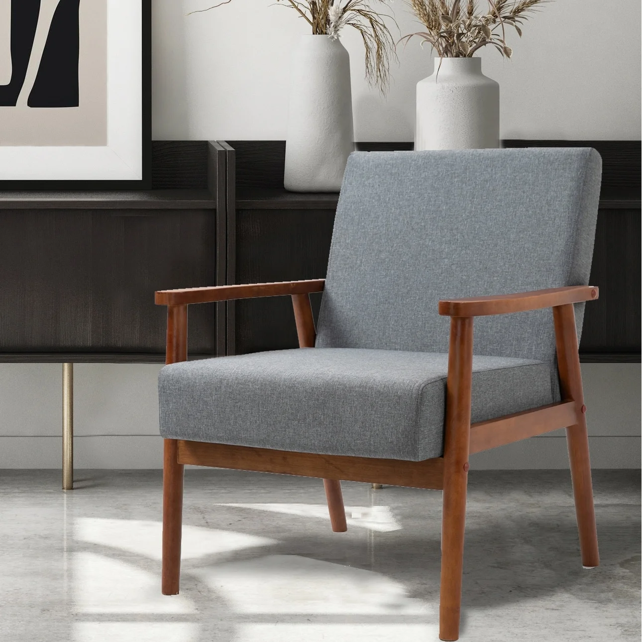 Mid-century Modern Solid Wood Armchair Brown Leather Wood Faux Leather