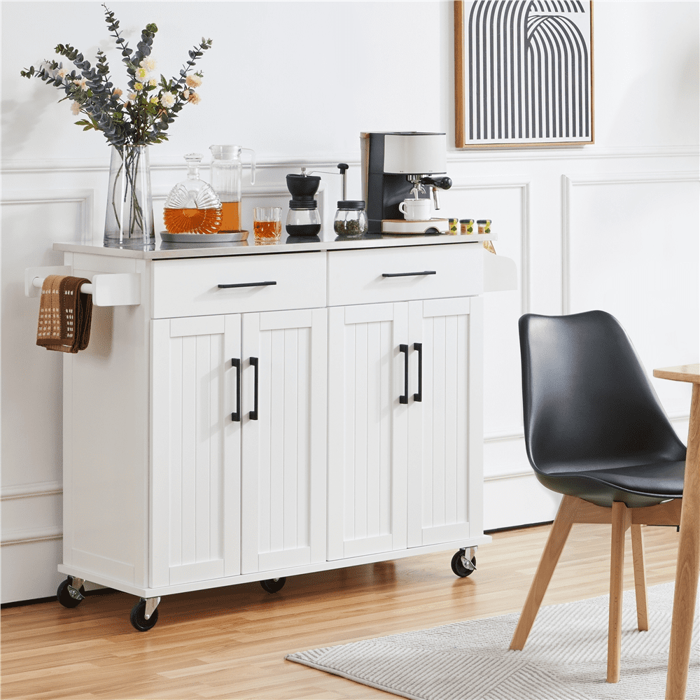 Yaheetech Kitchen Island with Storage Drawers and Cabinets and Towel Bar and Spice Rack, White
