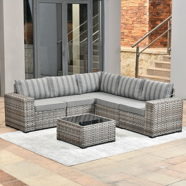OVIOS Patio Wicker Furniture Wide Arm 6piece Set with Table