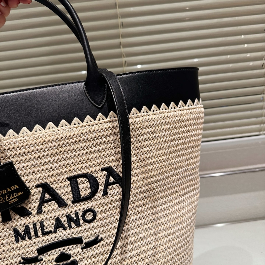 Prada Crochet And Leather Tote Bag Tan And Black 33Cm
