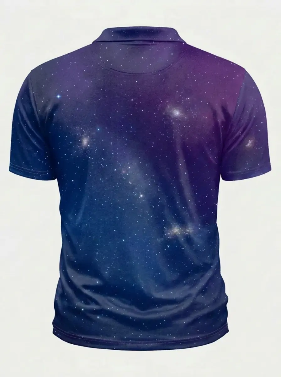 Moisture Wicking Golf Polo 3D Purple Blue Galaxy Starry Sky Pattern Button Short Sleeve Golf Polo Shirt