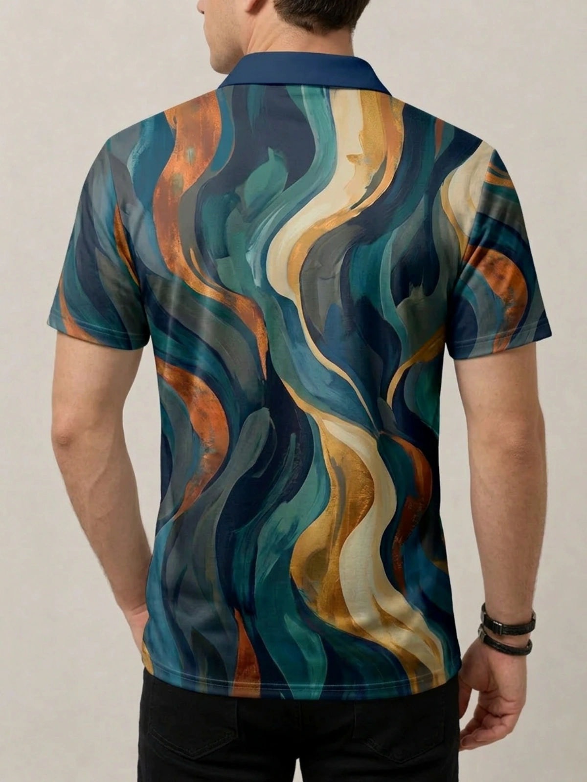 Teal Gold Marble Swirl Print Short Sleeve Golf Polo Shirt