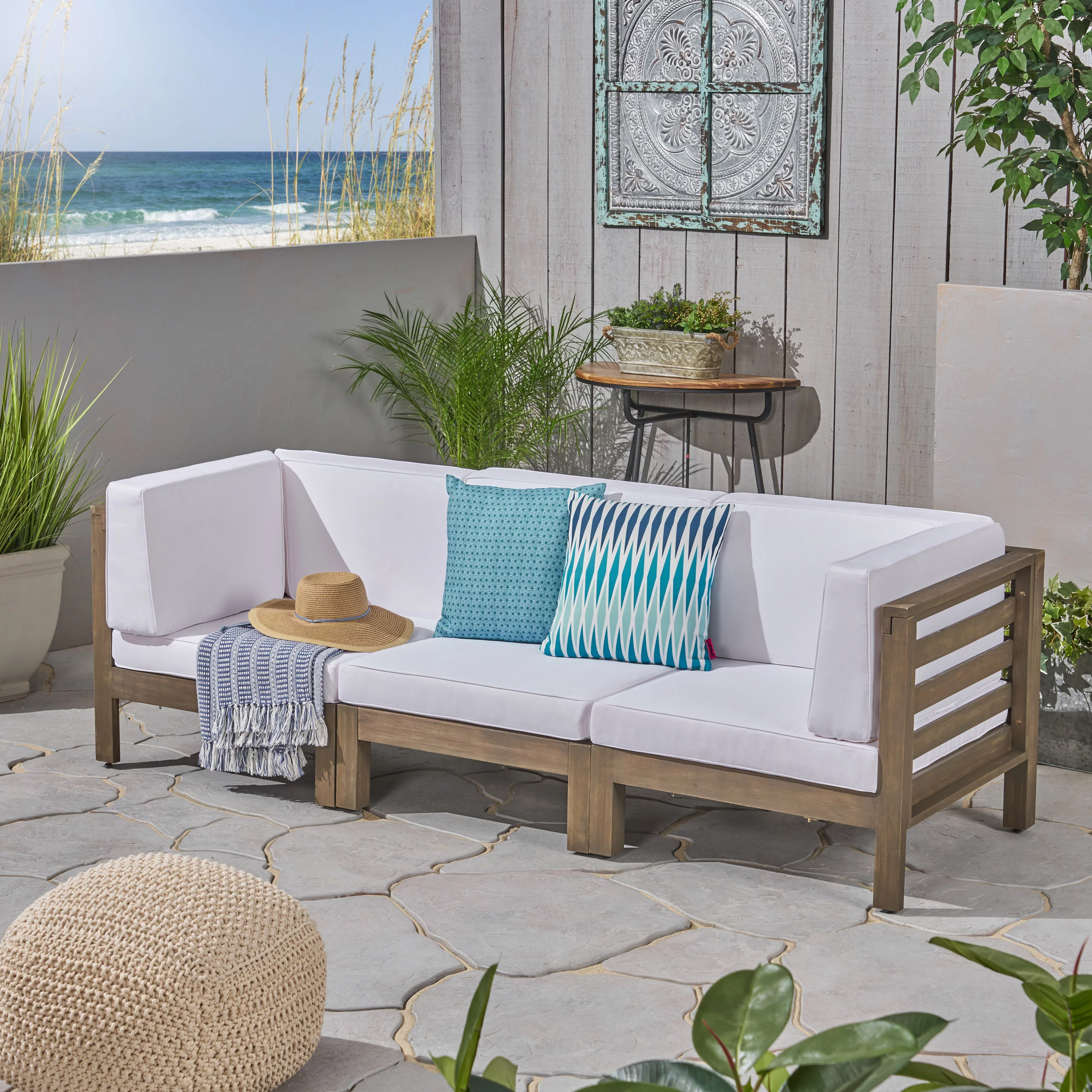 Frankie Outdoor Acacia Wood Sectional Sofa with Cushions, Gray, White