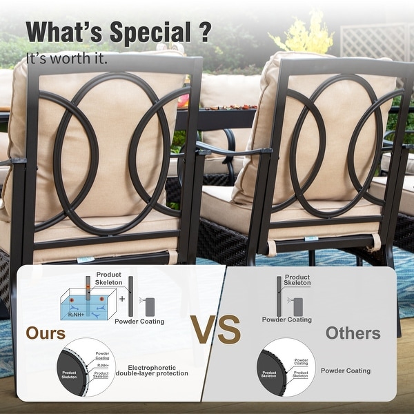 5Piece Patio Dining Set of 4 Swivel Steel Rattan Chairswith Deepseating and Back Cushions Chairs and 1 Metal Framed Table