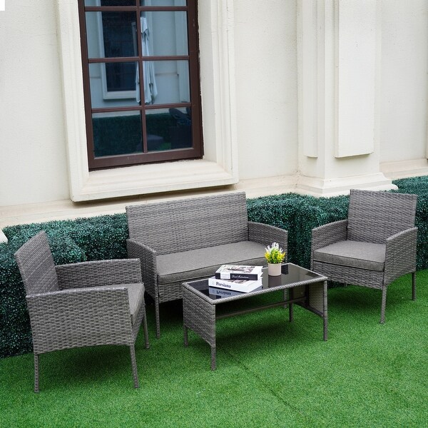 4 Piece Patio Conversation Wicker Furniture Set,Outdoor Rattan Sectional Furniture Set With Cushions for Yard Garden