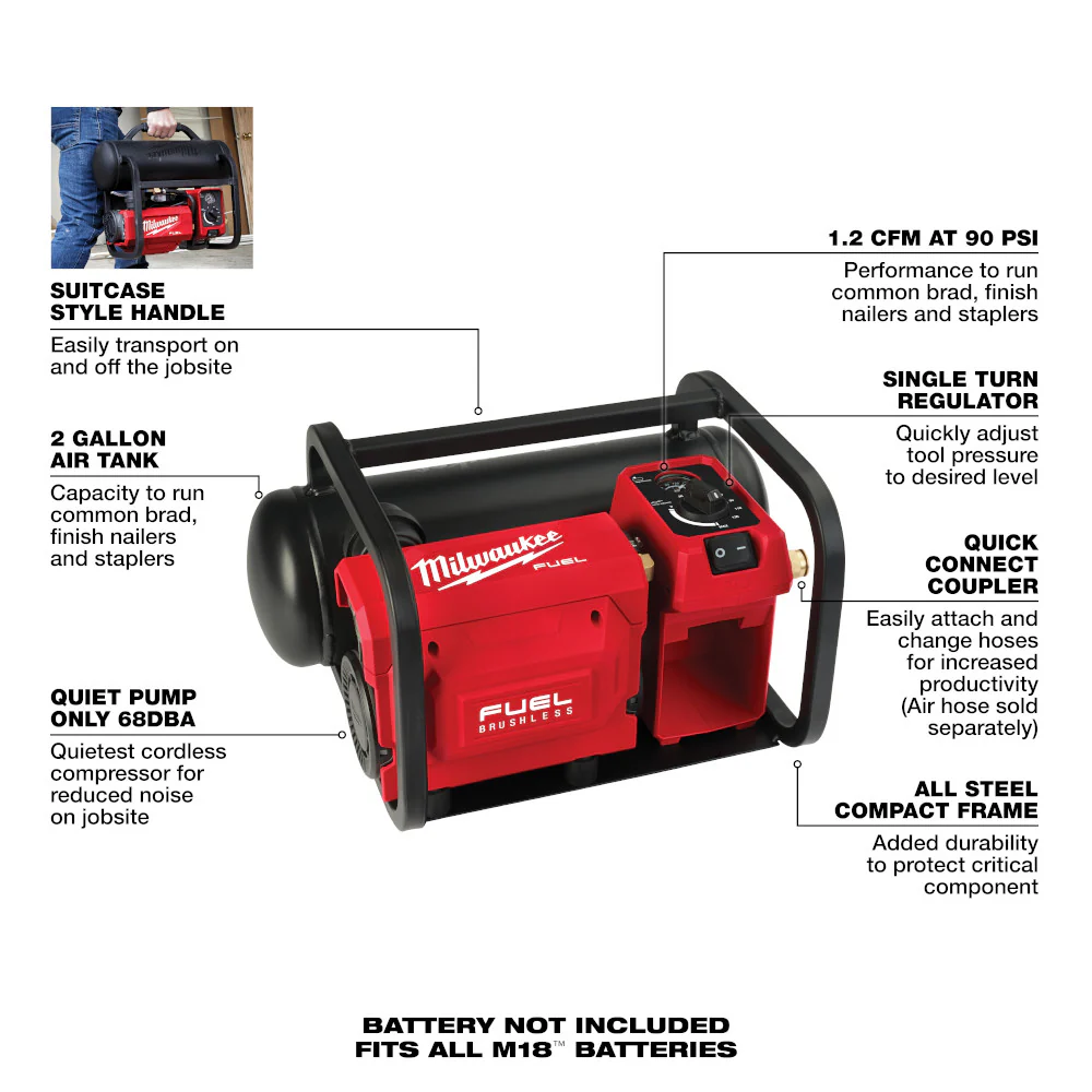 2026 Milwaukee 2840-20 M18 FUEL 18V 2 Gallon Quiet Air Compressor - Bare Tool