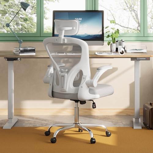 DEVAISE Office Chair High Back Mesh Ergonomic Desk Chair with Flip-up Armrests, Adjustable Headrest and Lumbar Support, White