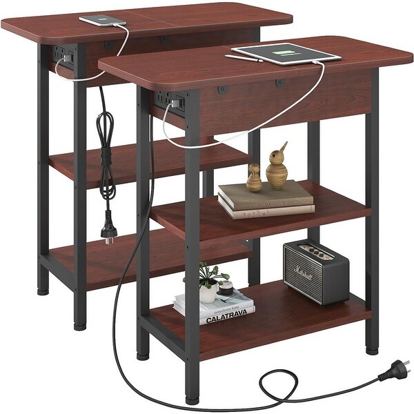 Set of 2 Flip Top Narrow Side Table,Nightstands,End Tables cherry