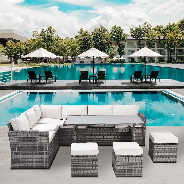 Patio Furniture Set,7 Pieces Sectional Conversation Sofa with Ottomans,All Weather,With Backrest and Removable Cushions