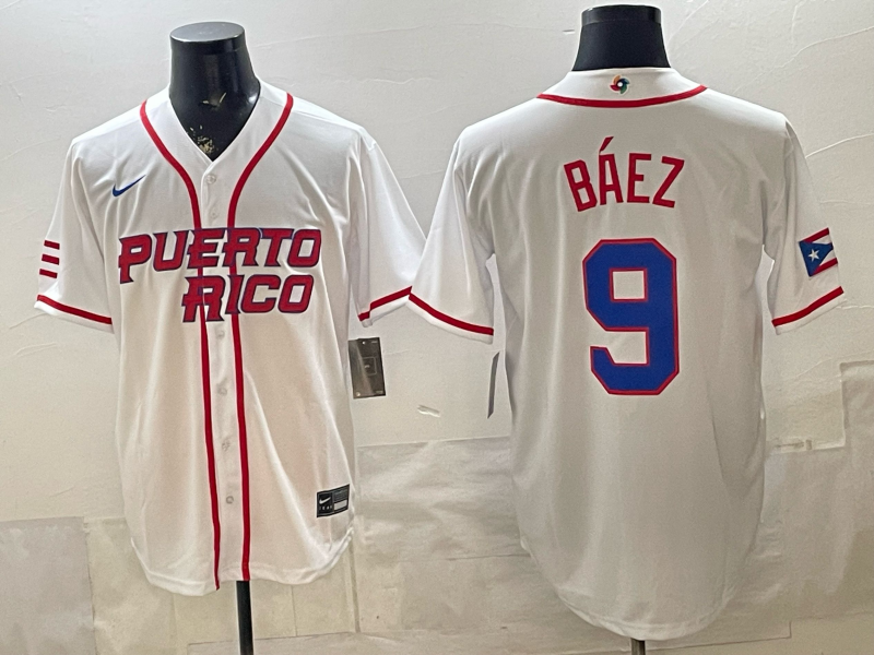 Men's Puerto Rico Baseball Javier Baez #9 White 2026 World Baseball Classic Stadium Jersey