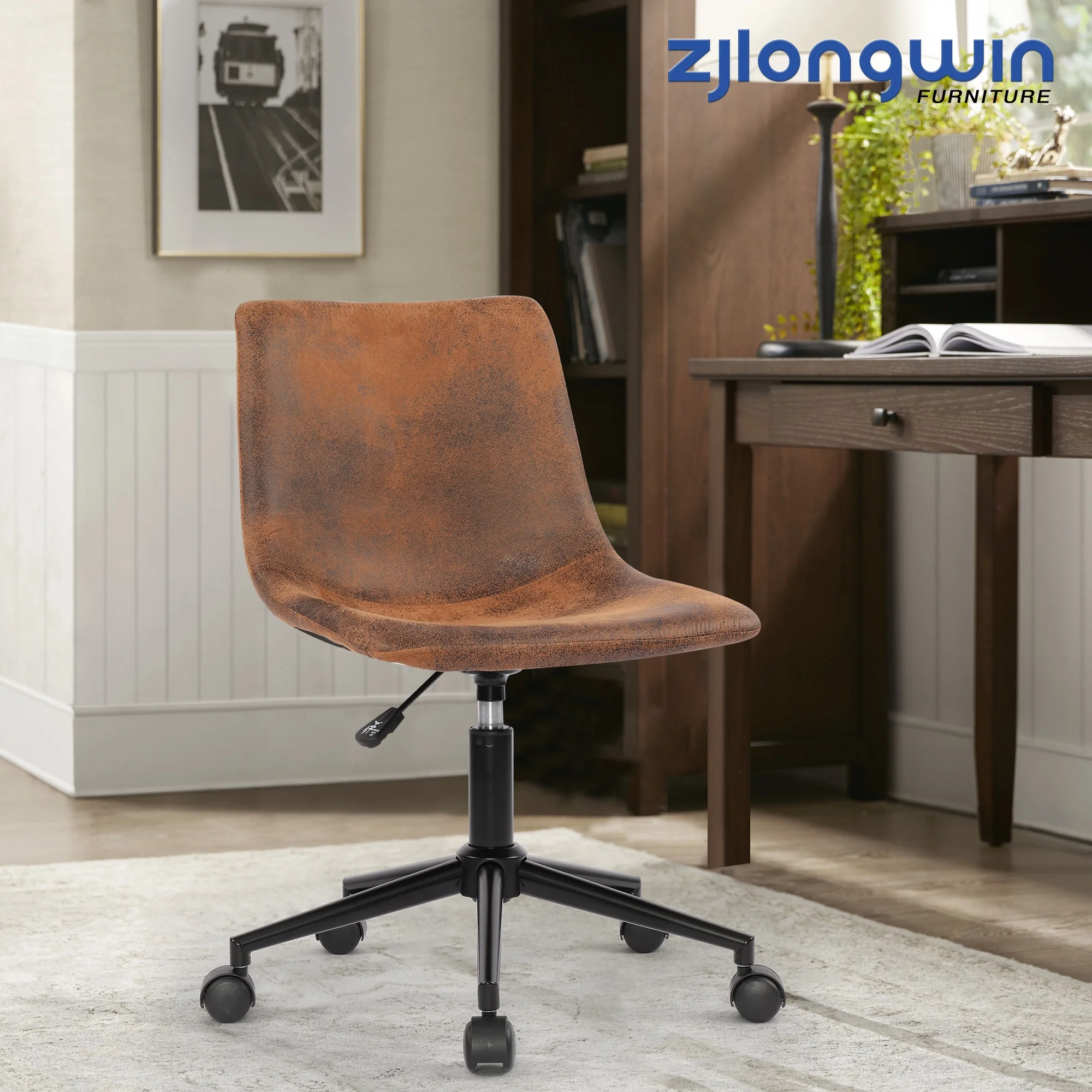 PU-like Fabric Office Chair Ergonomic Swivel Small Computer Desk Chair No Arms with Lumbar Support Height Adjustable Task Chair for Adults and Kids, Brown, Set of 1