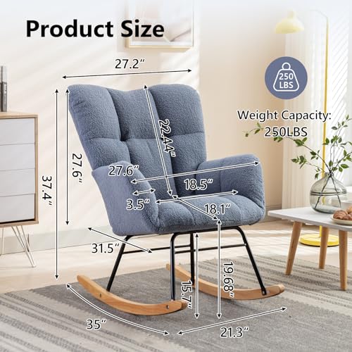 NIOIIKIT Nursery Rocking Chair Teddy Upholstered Glider Rocker Rocking Accent Chair Padded Seat with High Backrest Armchair Comfy Side Chair for Living Room Bedroom Offices (Dark Grey)