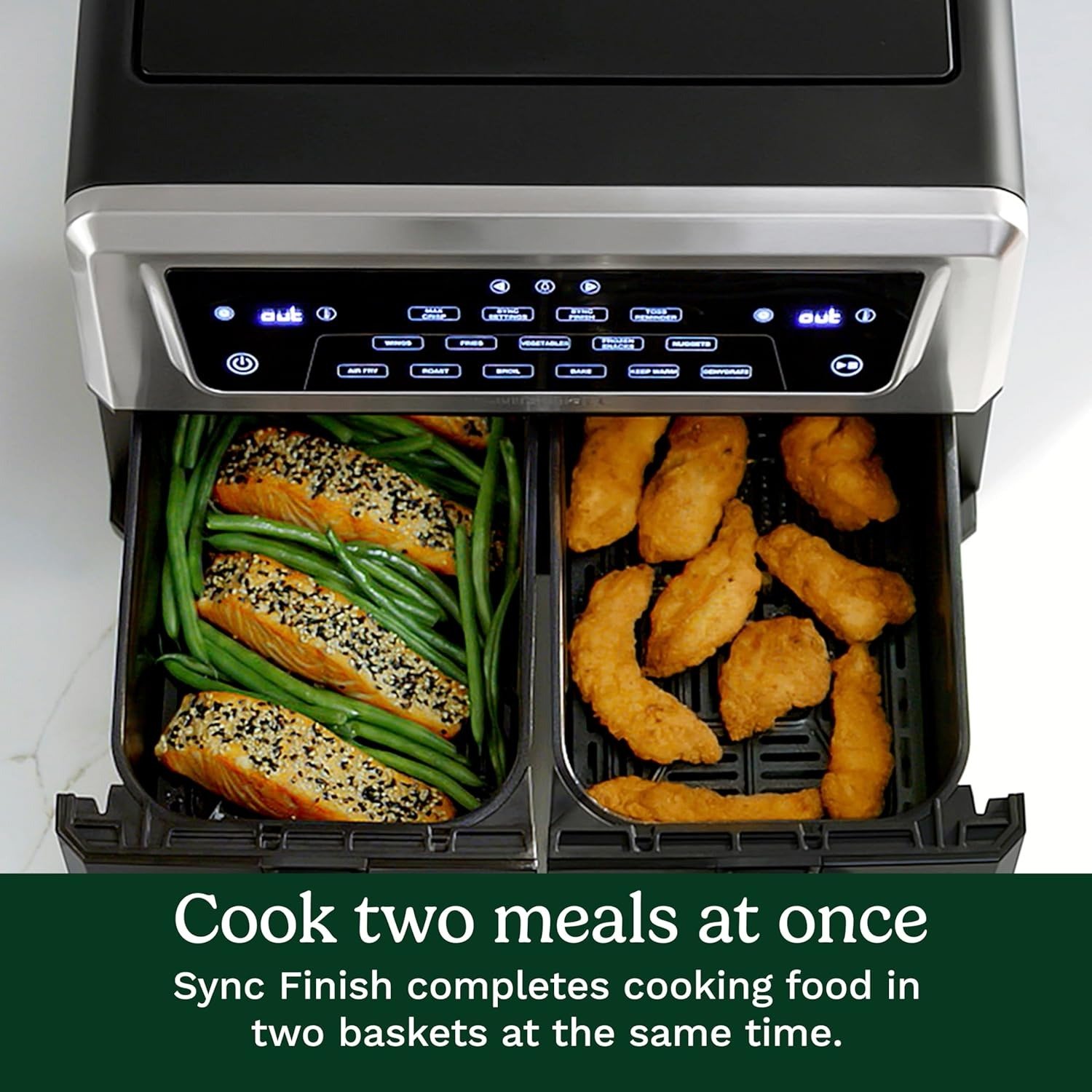 Dual Basket Air Fryer, Two Baskets 11 Qt in Total, 6 Functions: Air Fry, Roast, Bake, Broil, Dehydrate & Keep Warm