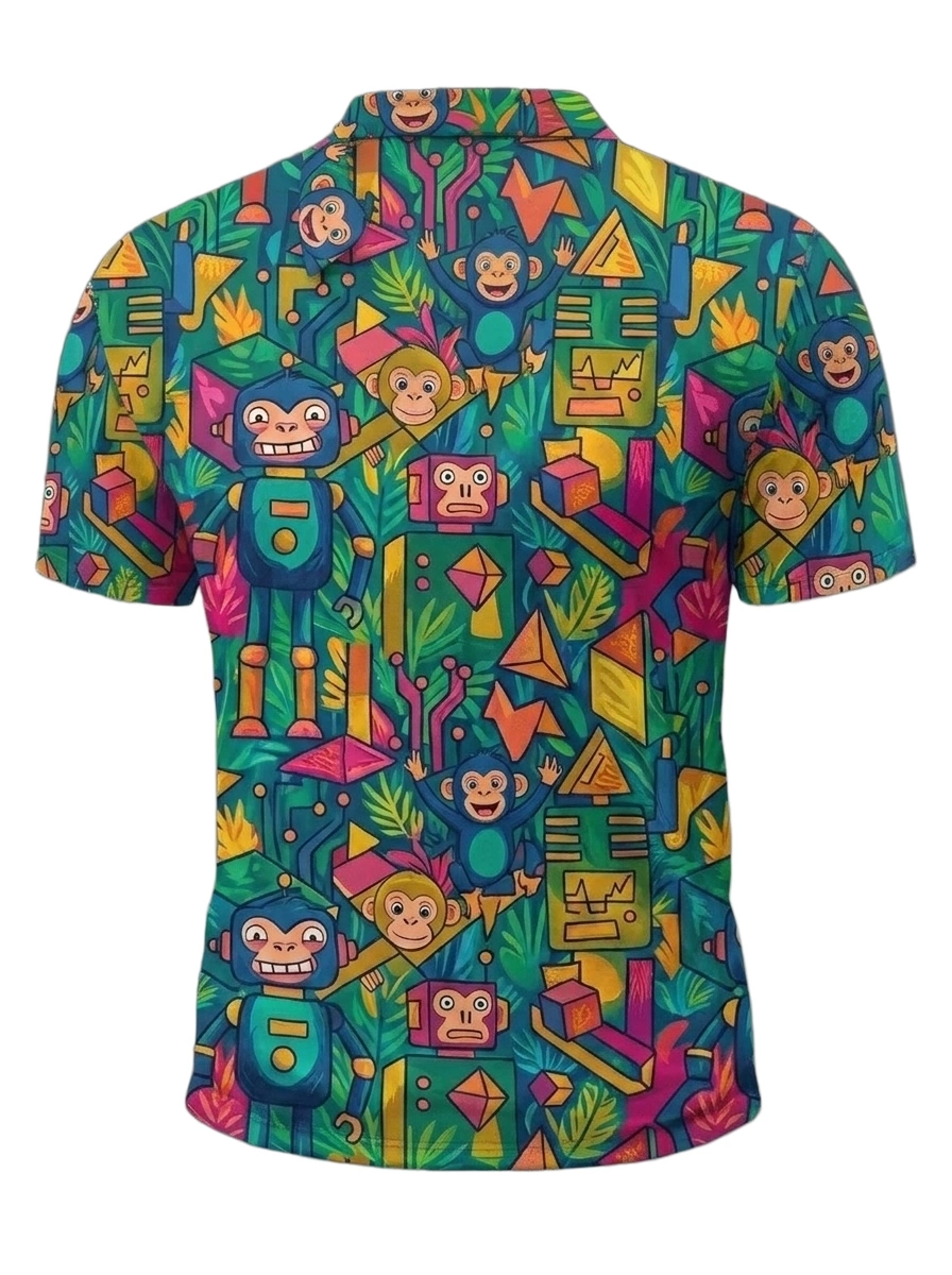 Moisture Wicking Golf Polo 3D Monkey Robot Jungle Button Short Sleeve Golf Polo Shirt