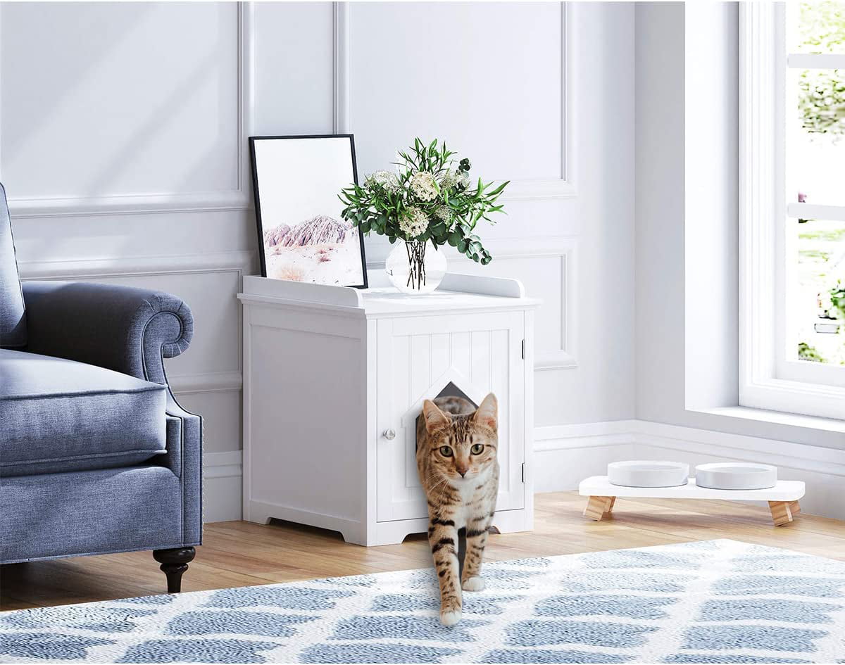 PAWLAND Decorative Cat House,Cat Home, Indoor Pet Crate – Litter Box Enclosure White