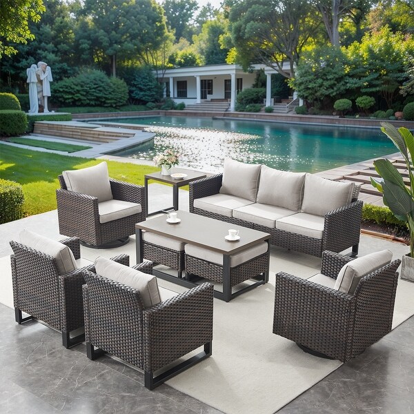 PE Wicker Sofa Rocking Chair Ottoman Set of 9