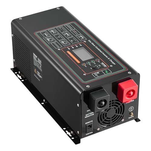 VEVOR Pure Sine Wave Inverter Charger, 2000 Watt, DC 12V to AC 120V, Battery Charger with LCD Display, Remote Control, Solar Inverter for Off-Grid Solar RV Boat Home, Compatible with Various Batteries