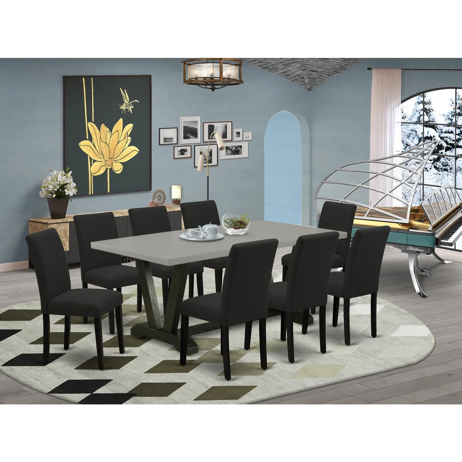 East West Furniture V-Style 9-piece Wood Kitchen Set in Black Finish