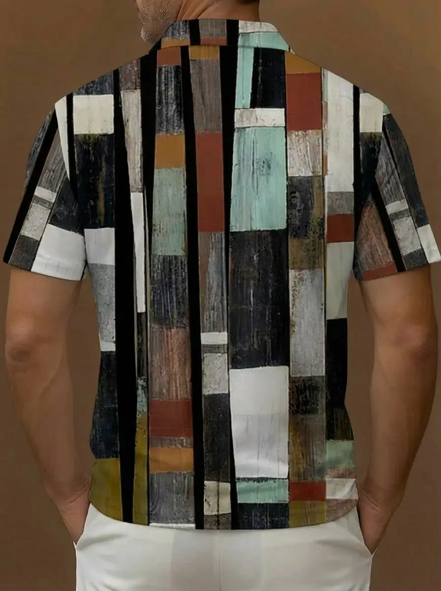 Multi-color Retro Block Striped Pattern Button Short Sleeve Golf Polo Shirt