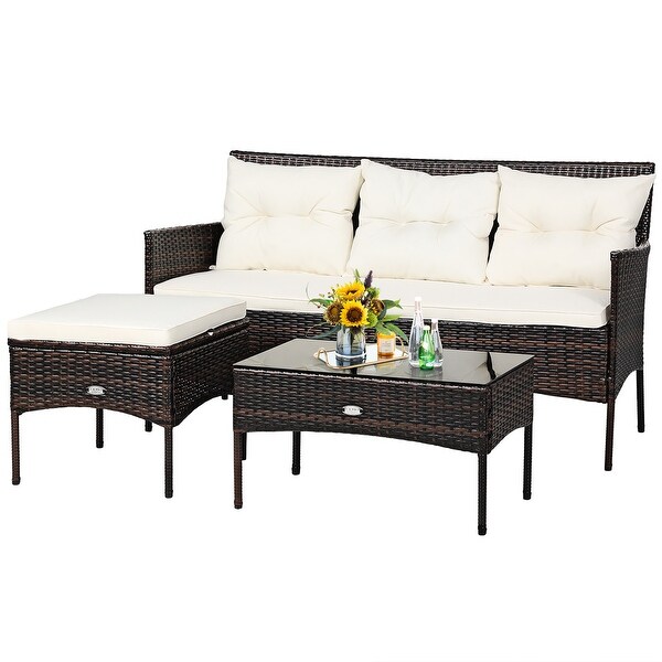 Costway 3PCS Patio Rattan Furniture Set 3Seat Sofa Cushioned Table