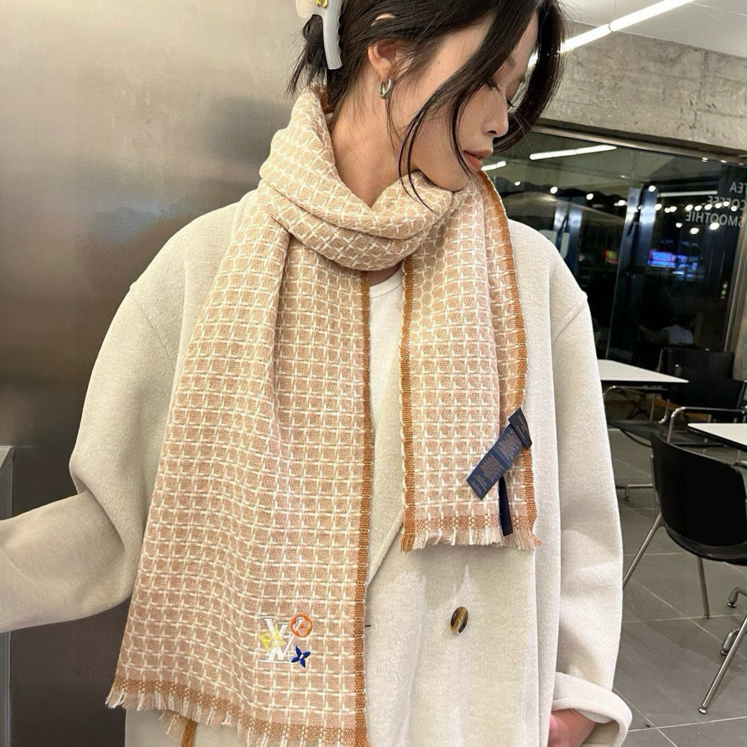 Louis Vuitton Damier Check Cashmere Scarf Beige For Women 190cm