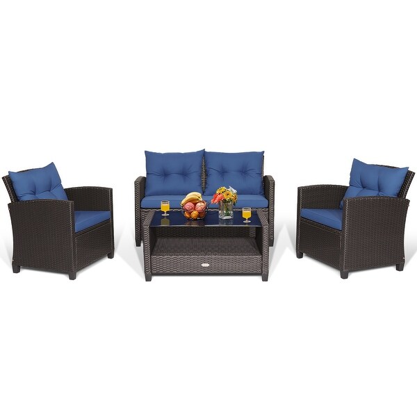 Costway 4 PCS Patio Rattan Furniture Set Glass Table Shelf Sofa