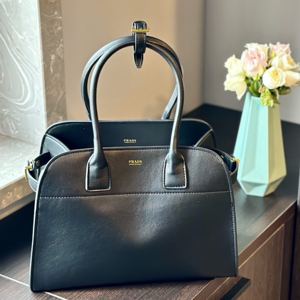 Prada Large Leather Tote Bag With Buckles Black 32Cm