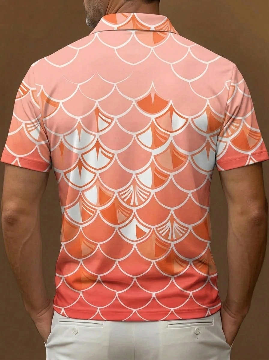 Pink Orange Gradient Fish Scale Print Short Sleeve Golf Polo Shirt