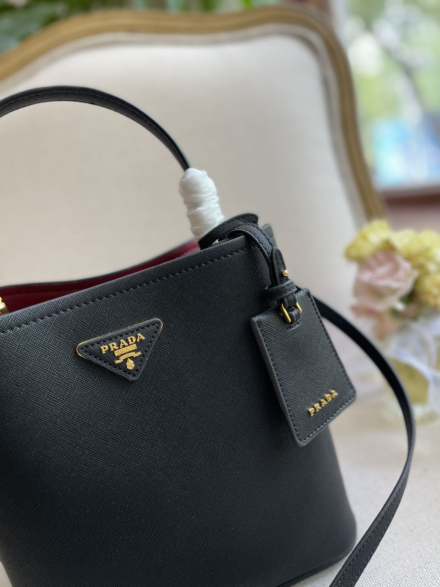 Prada Medium Saffiano Leather Panier Bag Black