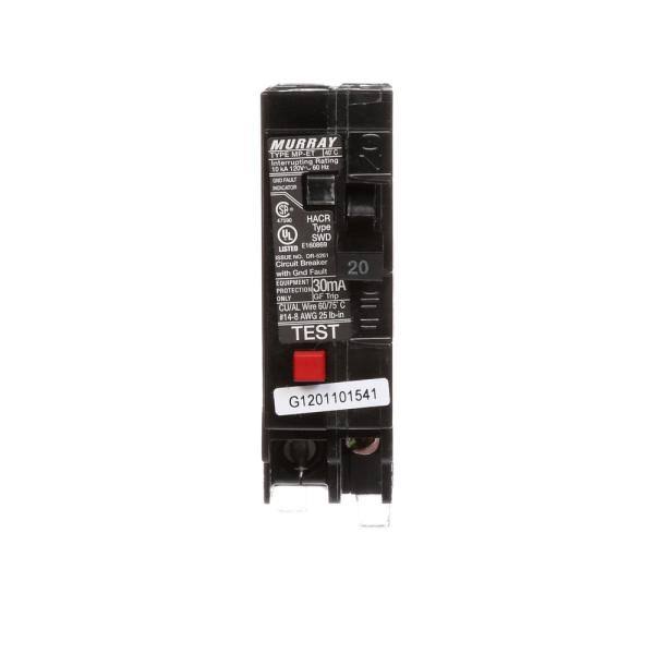 Murray 20 Amp Single Pole Type MP-ET Ground Fault Equipment Protection Circuit Breaker MP120EG