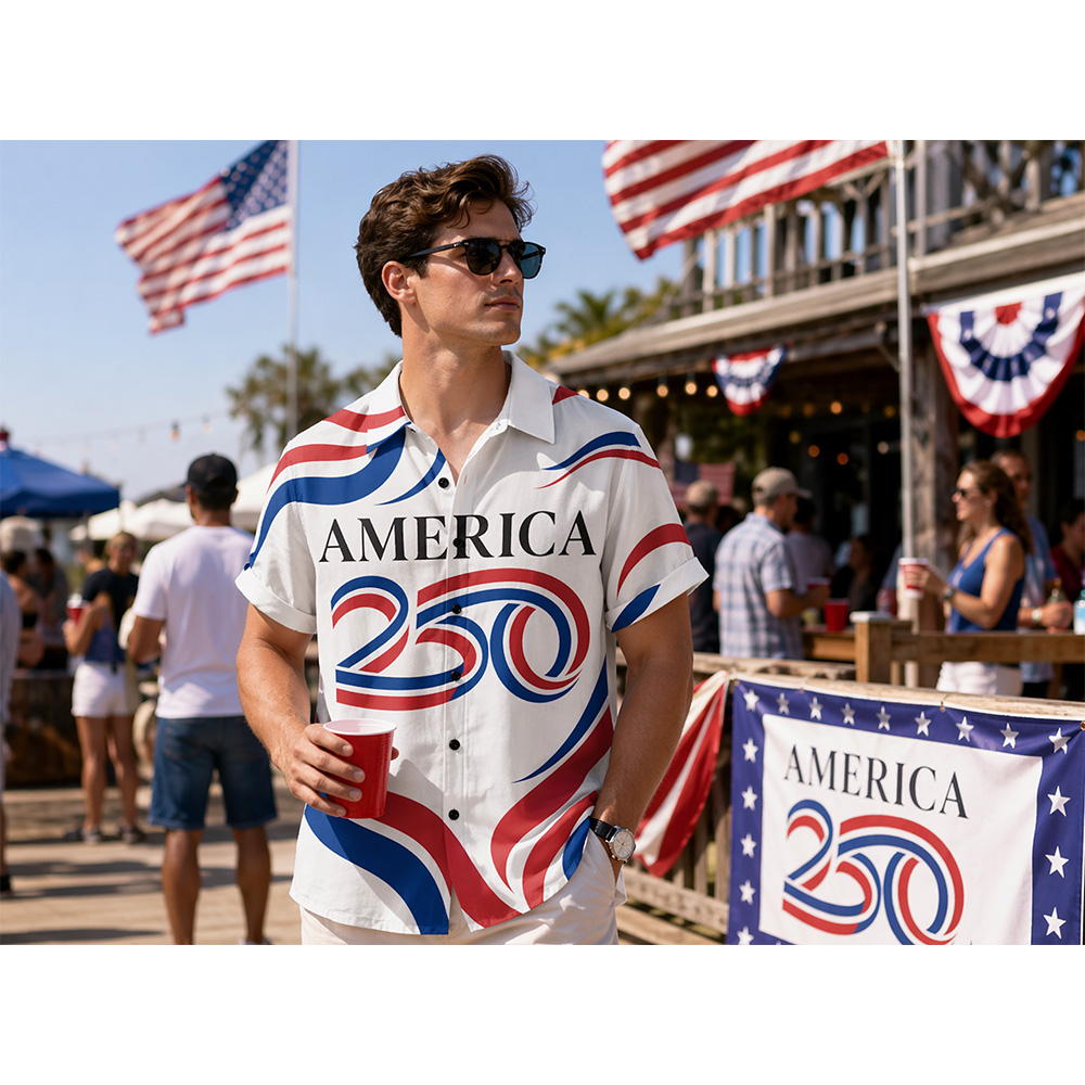 Men's printed shirts, America 250 Modern Wave Flag Print Aloha Shirt