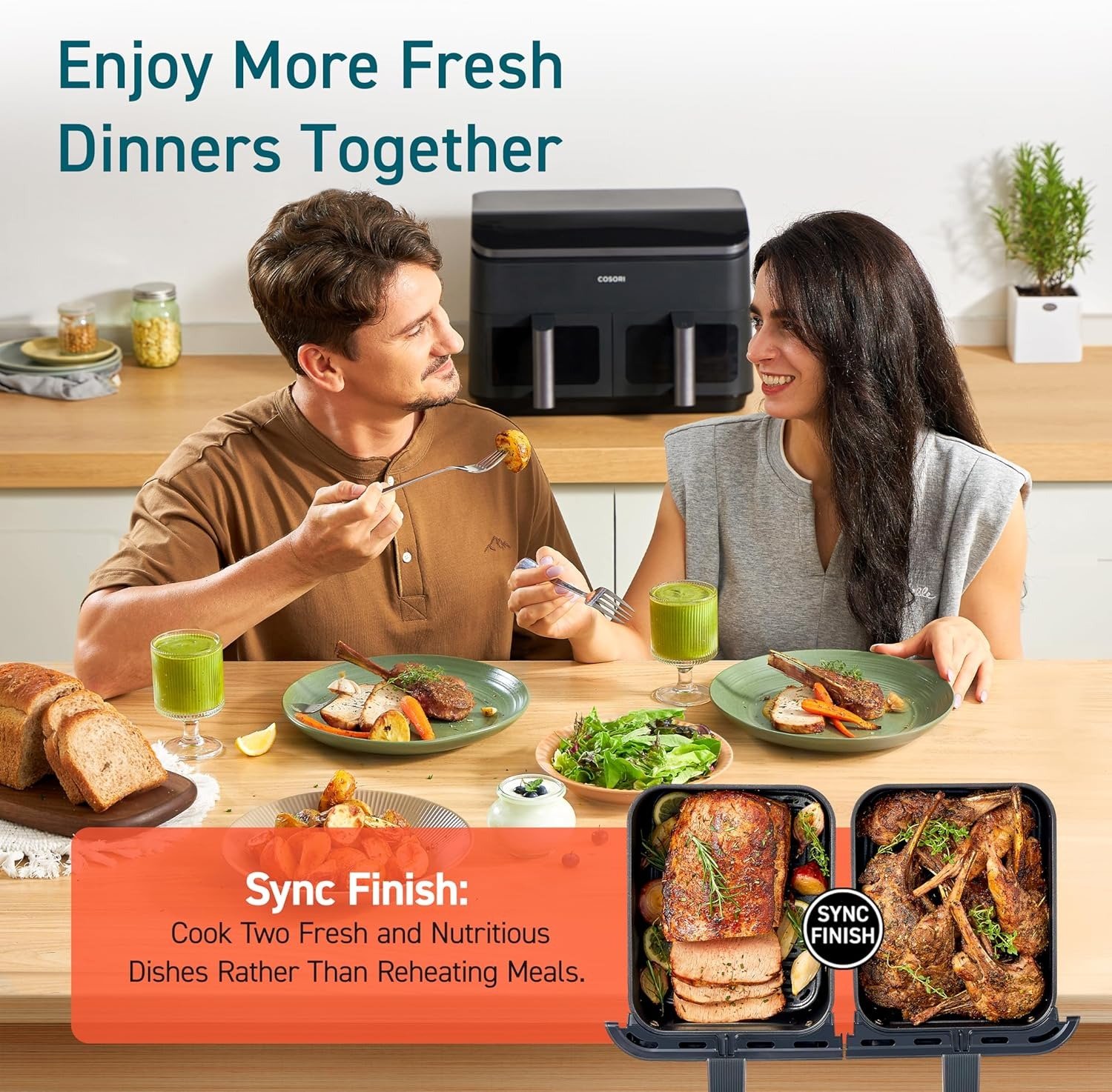 9Qt Dual Zone Air Fryer, 2-Basket Independent Cooking, Sync Finish, 12-in-1 Presets, LED Touch