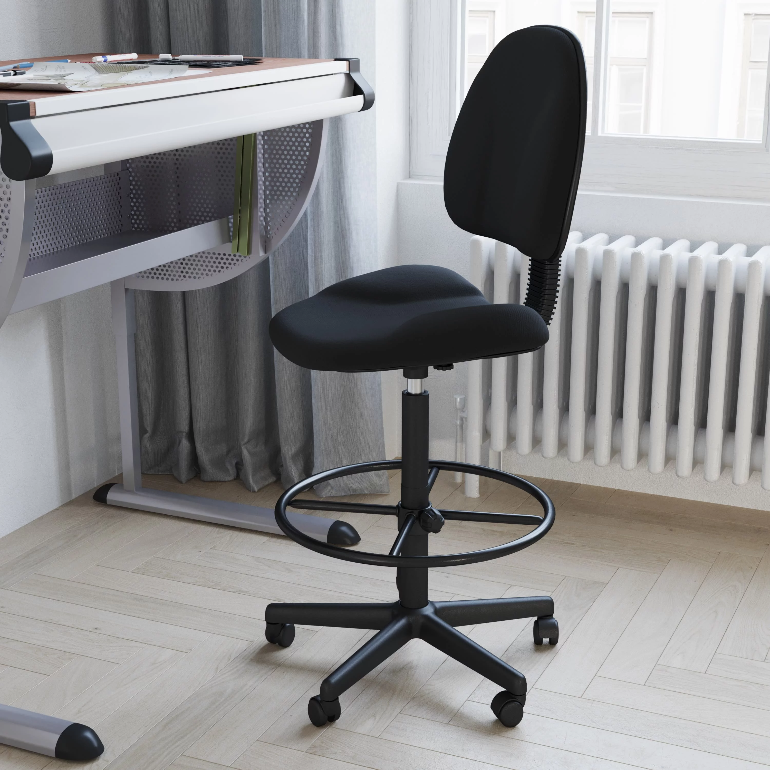 Emma + Oliver Black Fabric Mid-Back Drafting Chair with Back Depth Adjustment, Height Adjustable Swivel Seat and Footring
