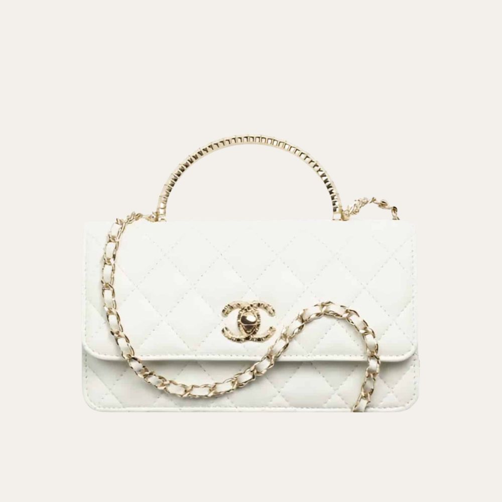 Chanel Clutch With Strap Shiny Crumpled With Imitation Pearls White 7.9 Inches Ap3803 B15603 10601
