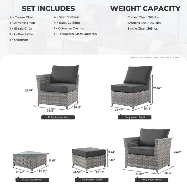 OVIOS 6Piece Patio Grey Wicker Conversation Set