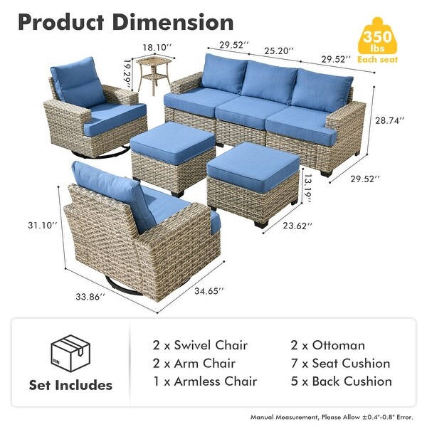 OVIOS 8 Pieces T shaped Seat Wide Armrest Swivel Chair Set With Ottoman