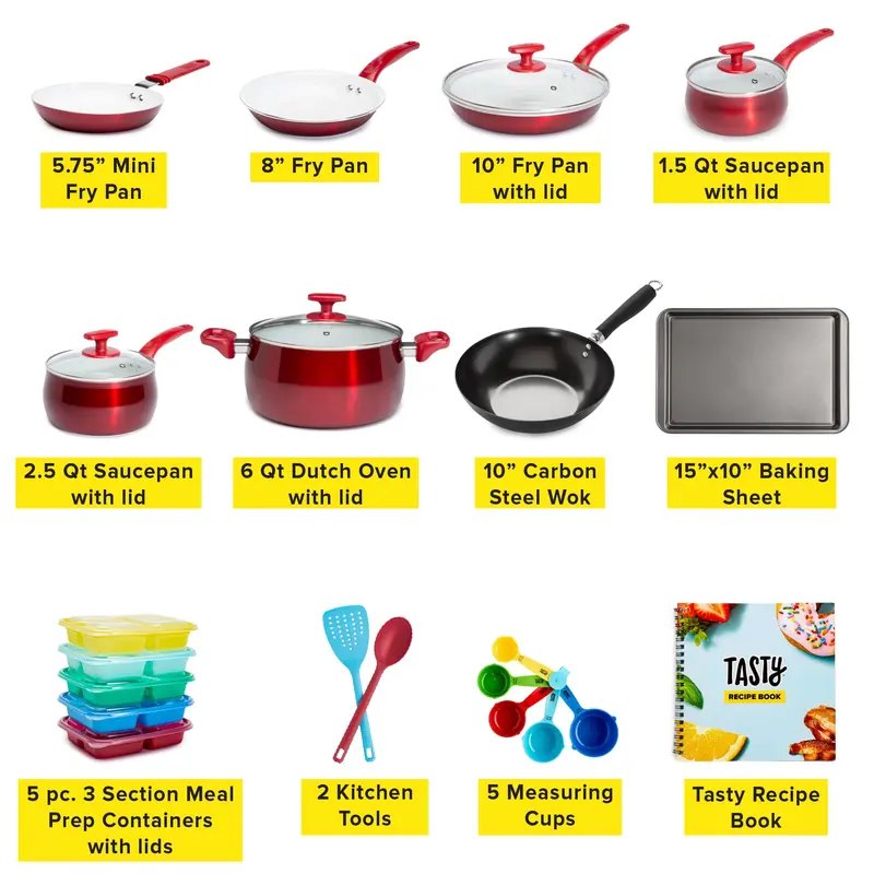Tasty 24 Piece Titanium Ceramic Non-Stick Cookware Set, Dishwasher Safe, Red