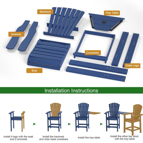 Beach Balcony Chair Barstool with Removable Table,WoodLike HDPE Backyard Garden Dining Chairs,Adirondack Arm Chairs Set of 2,