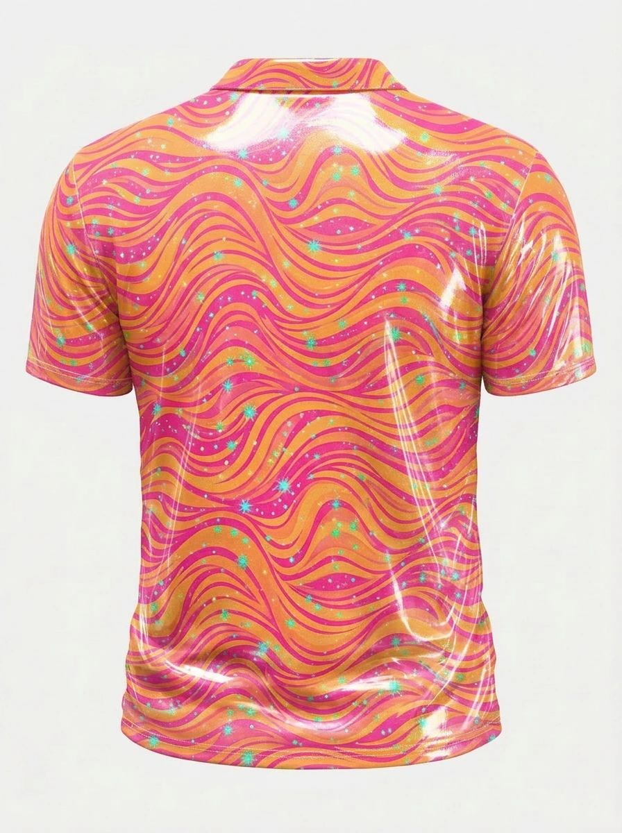 Moisture Wicking Golf Polo 3D Orange Pink Wave Star Button Short Sleeve Golf Polo Shirt